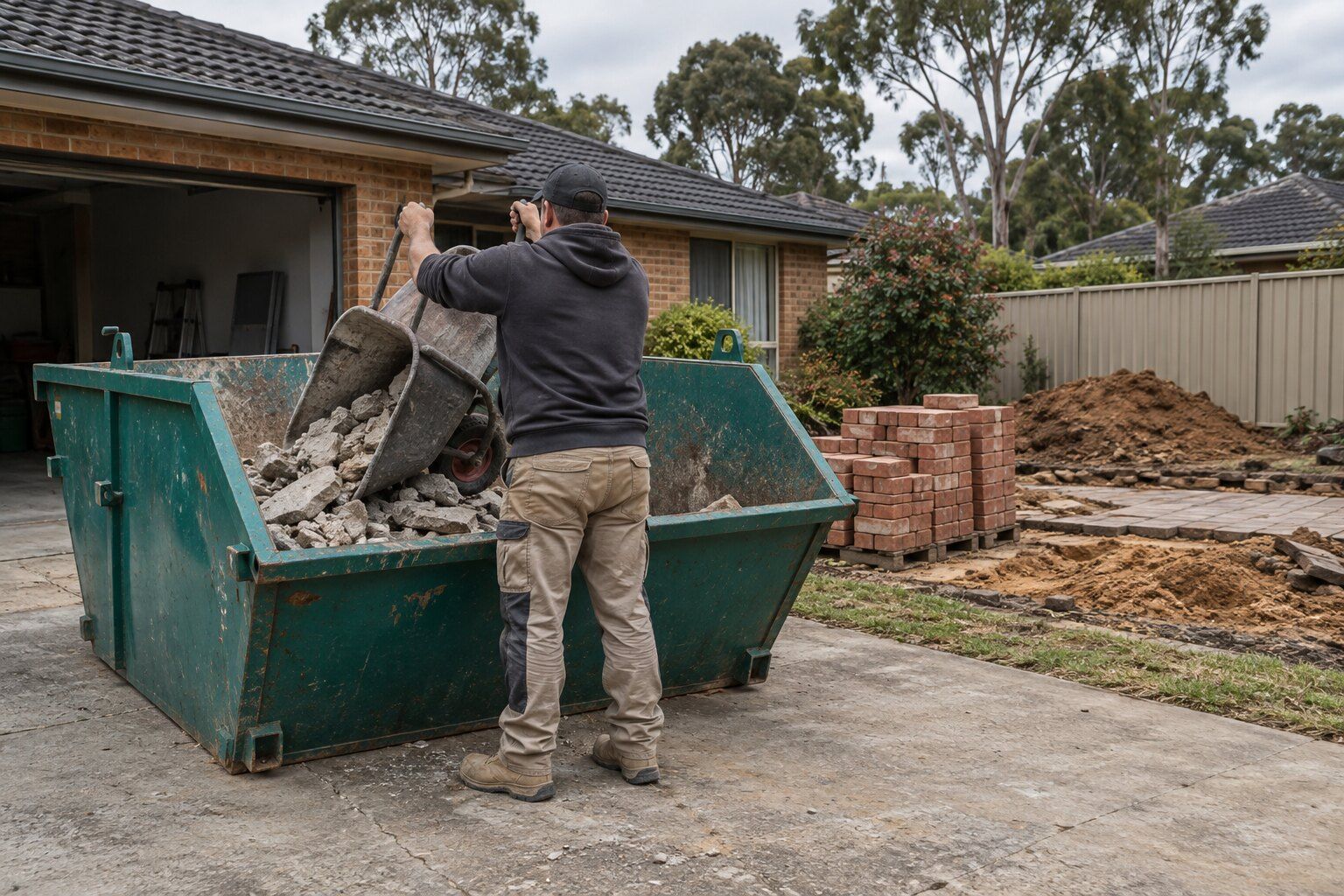 Concrete skip bin, Rowville: a tradesperson tipping a wheelbarrow of broken concrete into a small teal skip beside lifted paving