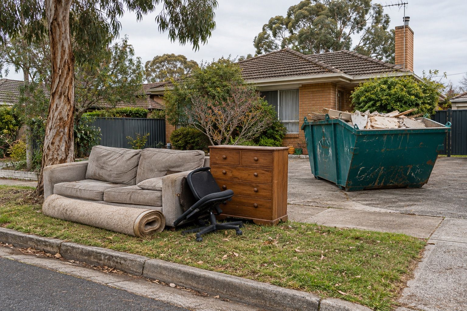 Hard rubbish collection: a couch, drawers, a rolled rug and a chair on a nature strip, a teal skip of renovation waste on the driveway behind