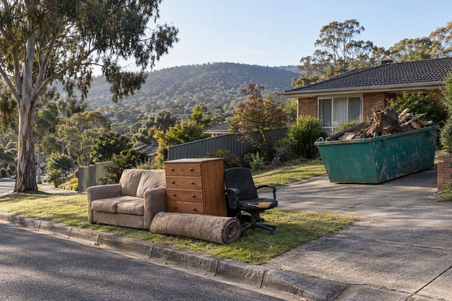 Knox hard rubbish: a couch, drawers and a rolled rug on a nature strip, a teal skip of palings on the driveway, treed foothills behind