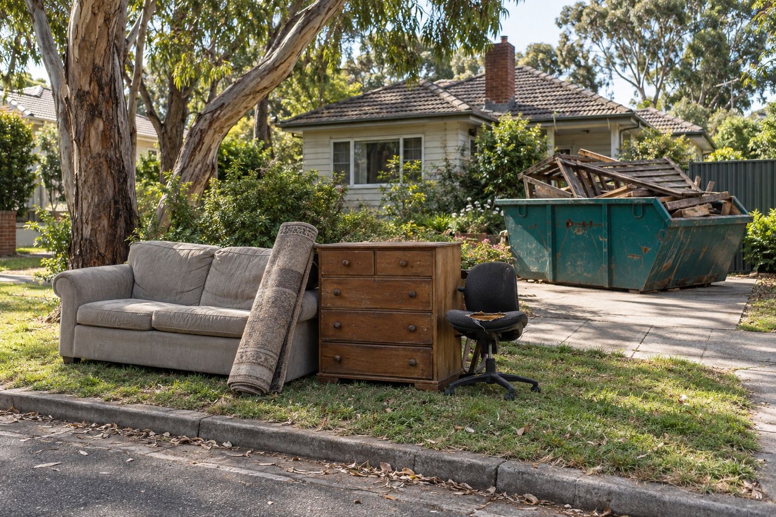 Maroondah hard rubbish: a couch, drawers and a rolled rug on a nature strip under tall trees, a teal skip of decking boards on the driveway