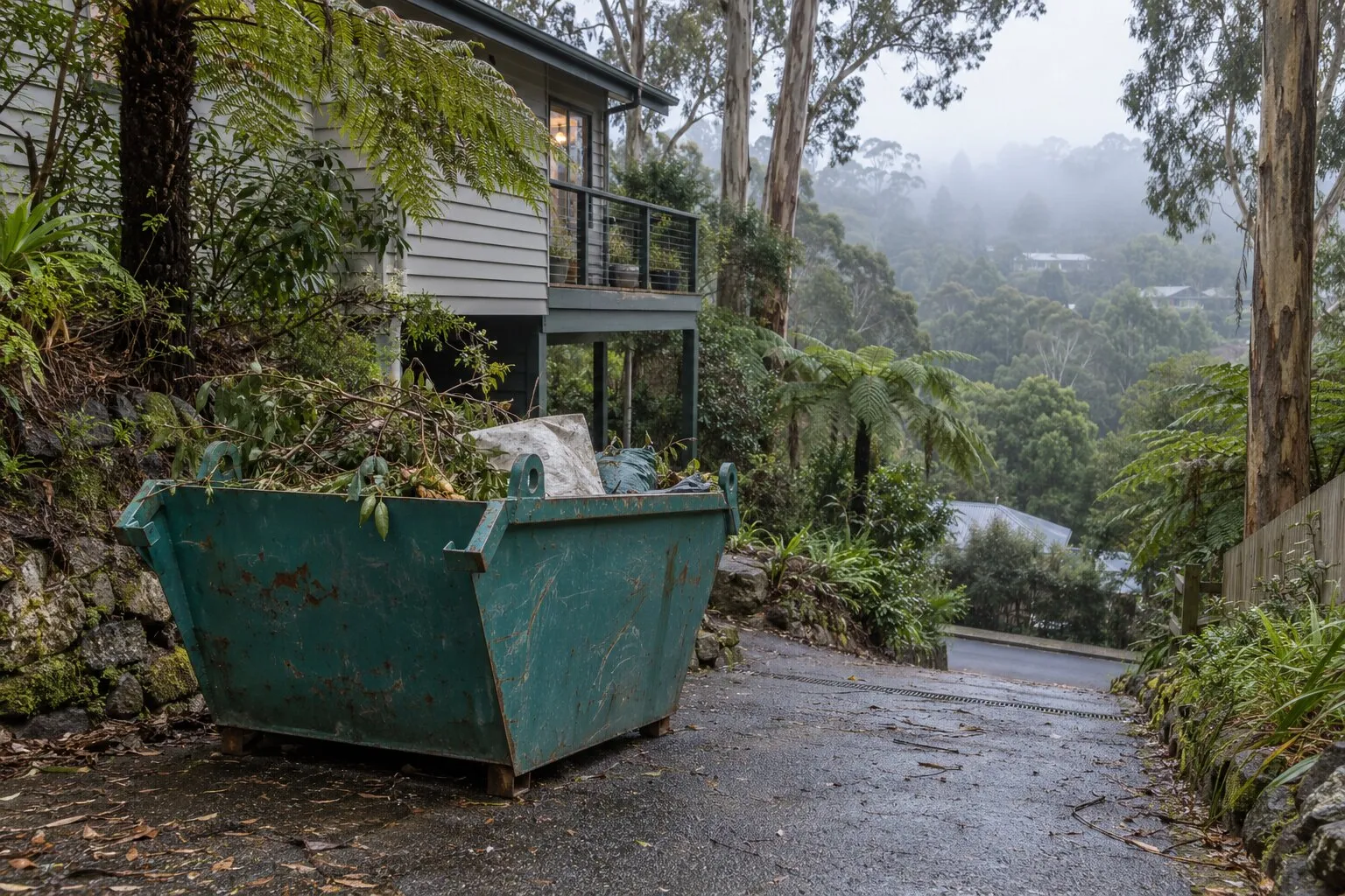 Mini skip hire, Dandenong Ranges: a teal mini skip at the top of a steep, narrow driveway among mountain ash and tree ferns