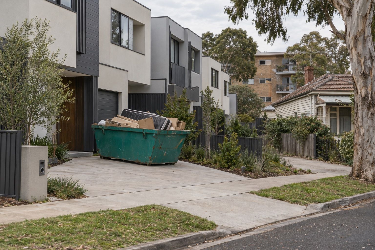 Skip bin hire, Box Hill: a small teal skip of boxes and timber on the shared driveway of new townhouses beside an older weatherboard cottage