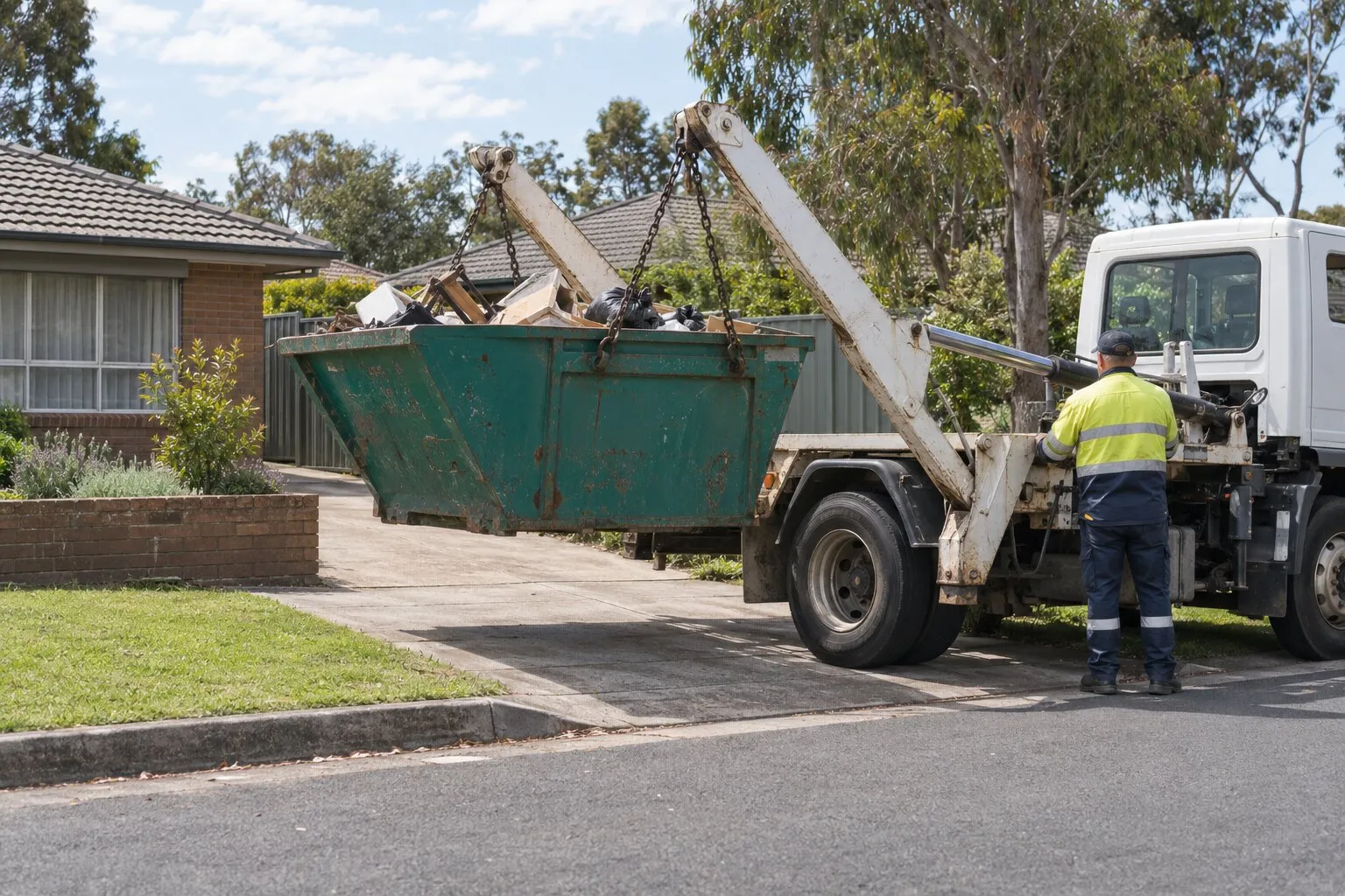 Skip bin hire cost, Bayswater: a skip truck lifting a full teal skip off a driveway