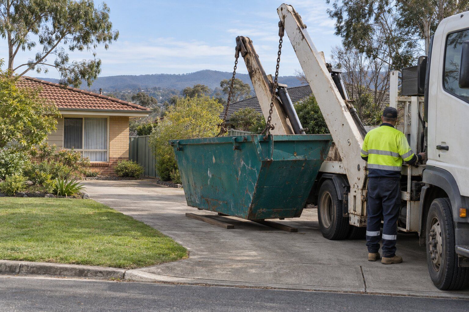 Skip bin hire, Melbourne's eastern suburbs: a skip truck setting a teal skip bin onto timber boards on a brick-veneer house's driveway