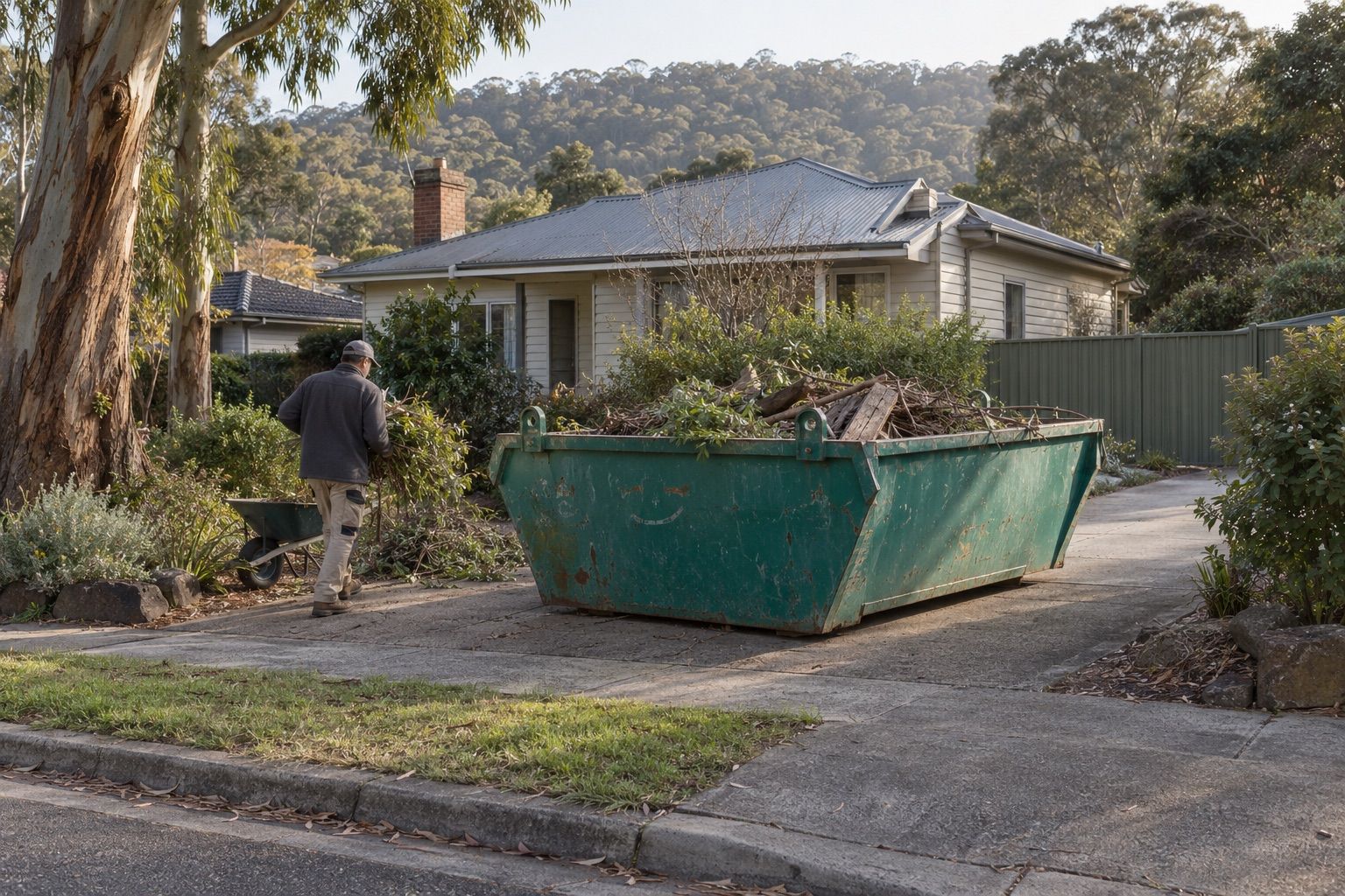 Skip bin hire, Ferntree Gully: a teal skip of branches and prunings on the sloping driveway of a weatherboard house, treed hills behind