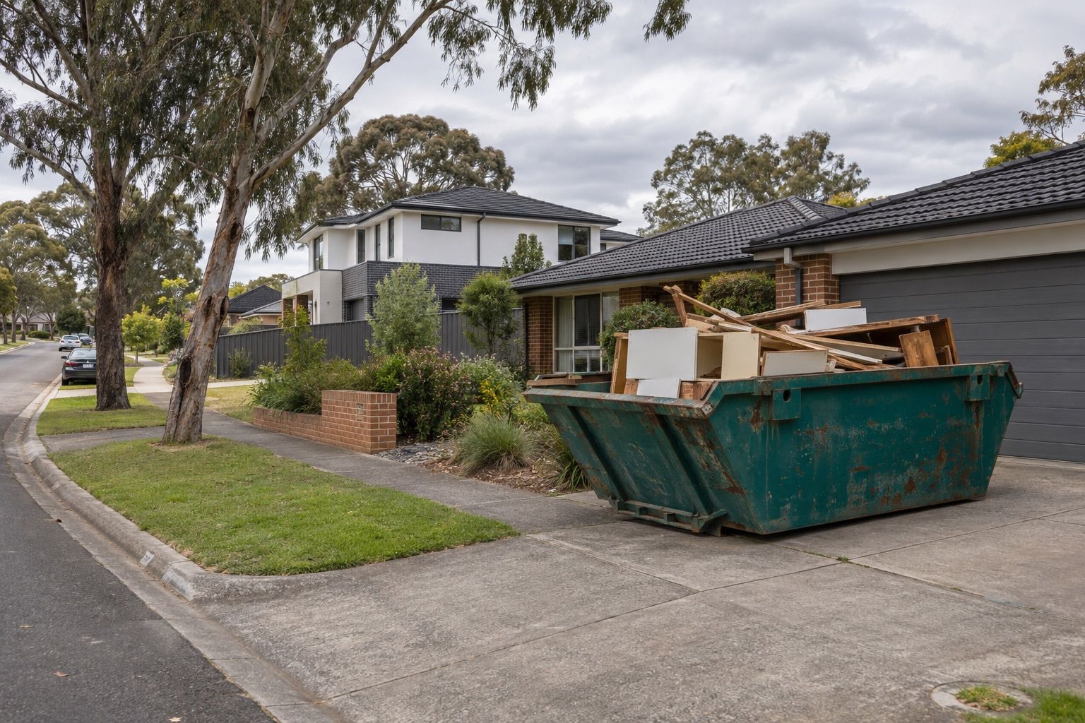 Skip bin hire, Glen Waverley: a teal skip of old kitchen cabinets and timber on a wide driveway, a new double-storey house next door