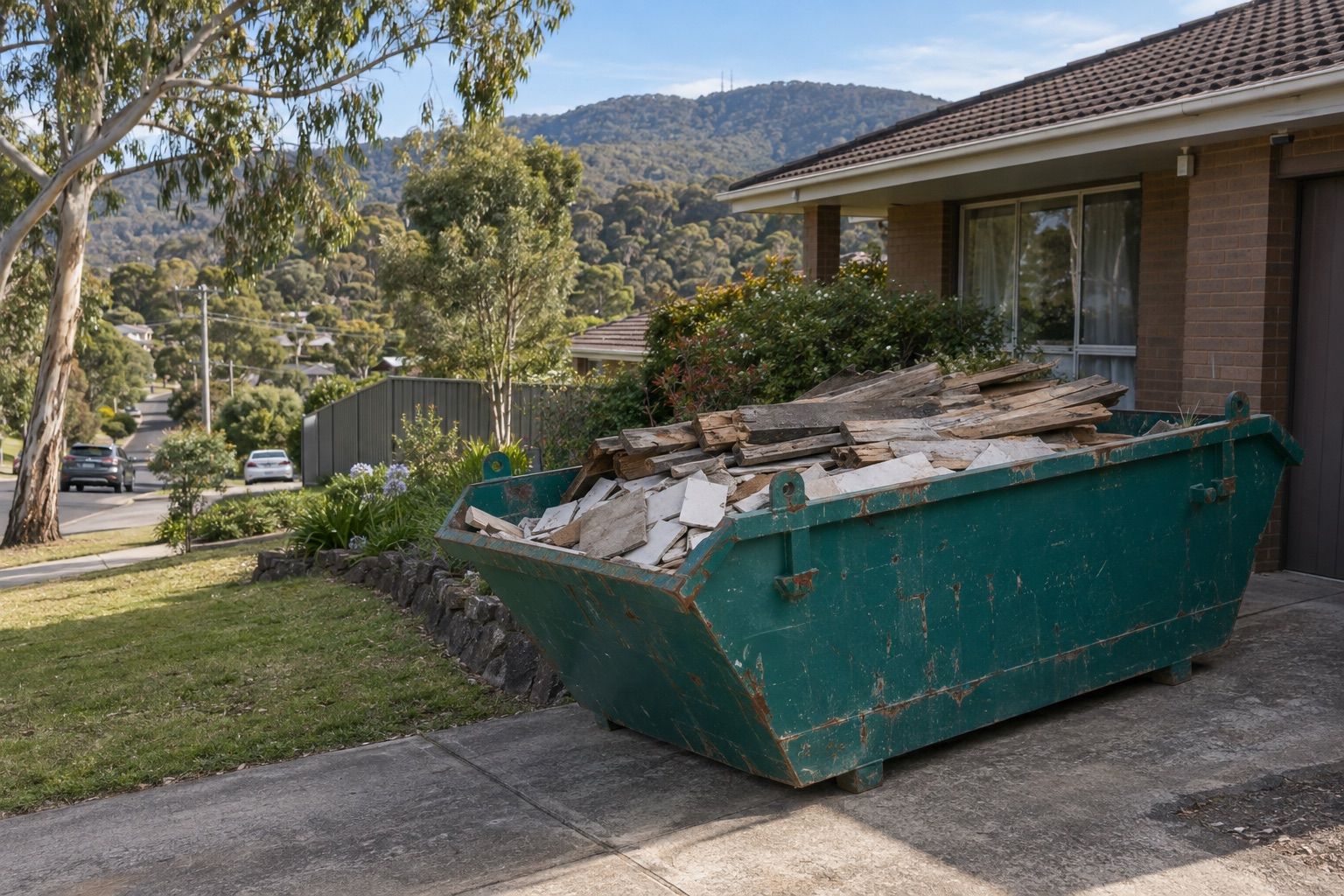 Skip bin hire, Kilsyth: a teal skip of old fence palings and tiles on the driveway of a brick-veneer house, forested slopes rising behind