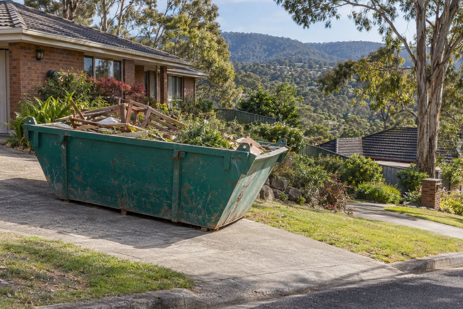 Skip bin hire, Lilydale: a teal skip of old timber and prunings on the sloping driveway of a brick house, tall trees and wooded hills behind