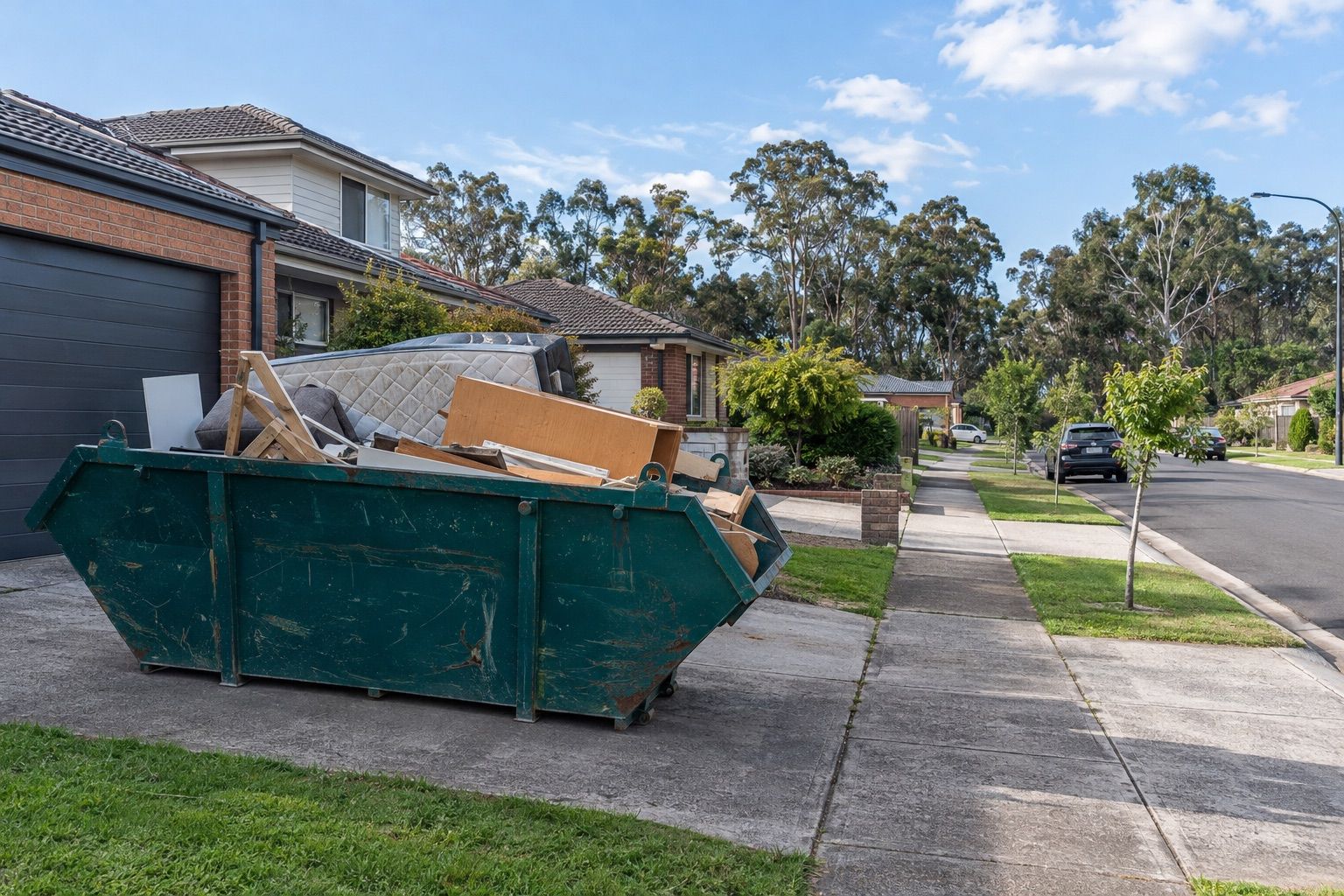Skip bin hire, Wantirna: a large teal skip of old furniture and timber and a mattress base on the wide driveway of a brick family house on a flat street