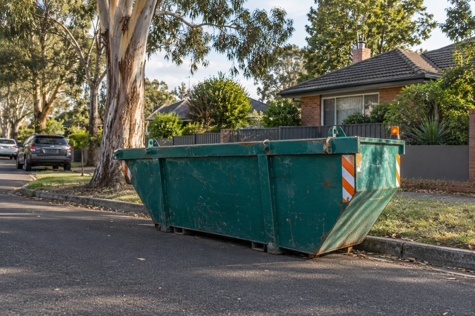Skip bin guides, Melbourne's east: a teal skip on a leafy street with reflective hazard markers