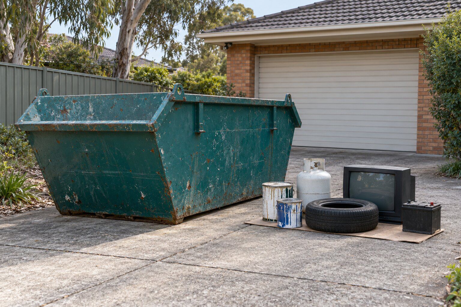 What can go in a skip bin: paint tins, a gas bottle, a tyre, an old TV and a car battery set aside beside a teal skip